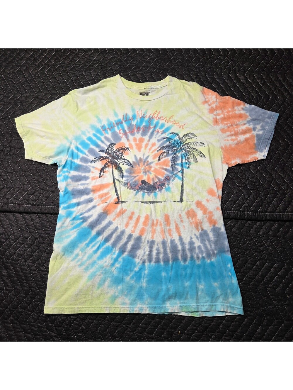 Marvel Spider-Man Tie Dye T-Shirt Mens Medium Blue Orange Spiral Graphic Tee